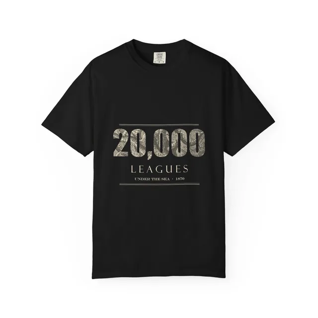 20,000 Leagues Under the Sea, 1870 / 20,000 Leagues Tour: sold out, sharks, closed, iced in, cancelled, final date. — Vingt mille lieues sous les mers (Twenty Thousand Leagues Under the Sea) design printed on a t-shirt