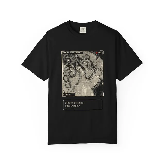 Motion detected: back window. — Vingt mille lieues sous les mers (Twenty Thousand Leagues Under the Sea) design printed on a t-shirt