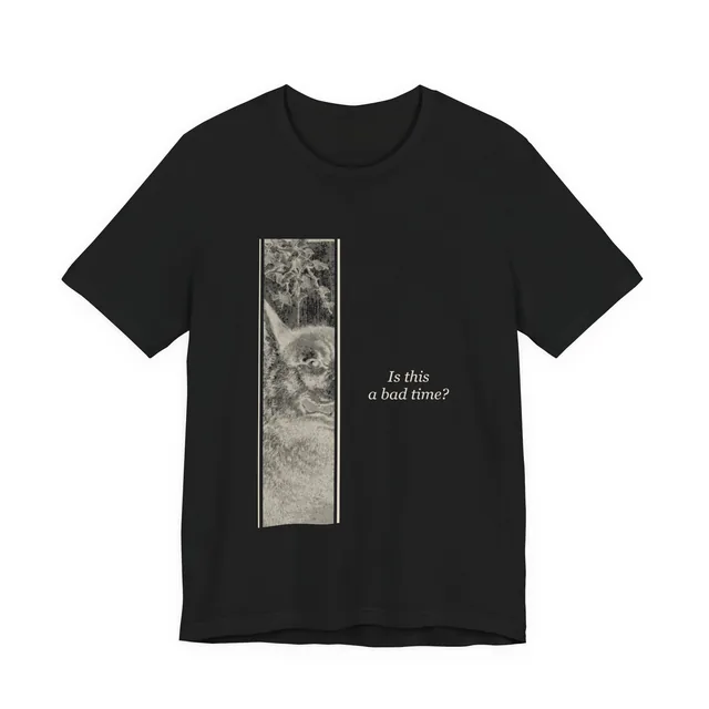 Is this a bad time? — Rotkäppchen (Grimm) / Le Petit Chaperon Rouge (Perrault) — as printed in 'Aardige sprookjes' design printed on a black t-shirt
