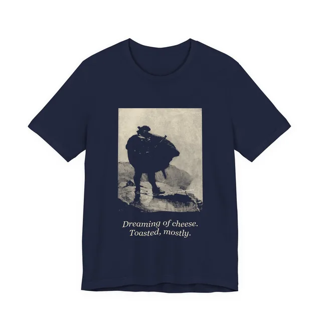 Dreaming of cheese. Toasted, mostly. — Treasure Island design printed on a navy t-shirt