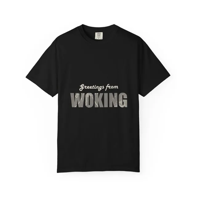 Greetings from Woking / Wish you were here. — The War of the Worlds design printed on a t-shirt