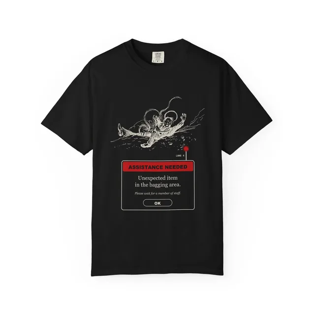 Unexpected item in the bagging area. — The War of the Worlds design printed on a t-shirt