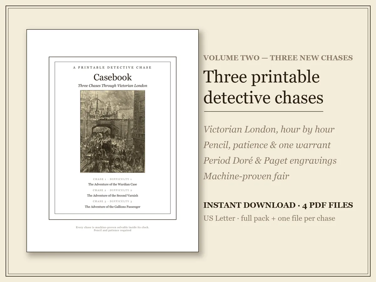 The Casebook Volume Two cover: a Doré engraving on a cream page, with the three new chase titles listed beneath it.