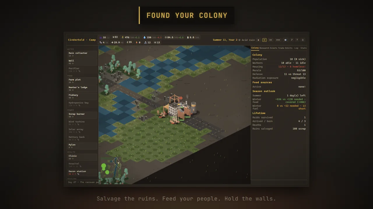 Cinderhold: an isometric wasteland colony in summer rain, with the build menu and colony readout either side.