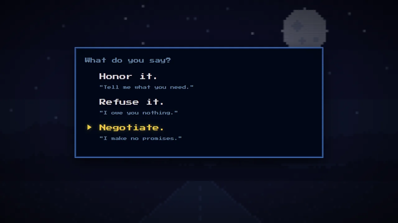 The Wanderer's Tale: a pixel-art dialogue box offering the choices Honor it, Refuse it, and Negotiate.